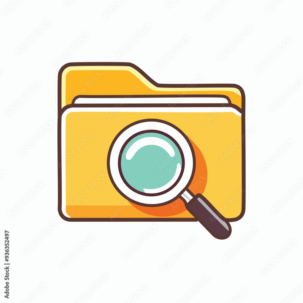 Aufkleber folder with magnifying glass icon. yellow folder with a magnifying glass on top. a colorful illustra