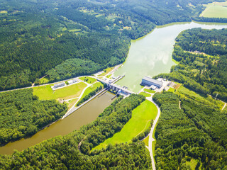 Aerial view of dam Hnevkovice on Vltava river. South Bohemia, Czech republic, European union.