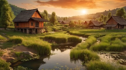 Fototapeta premium Scenic view of a traditional village with wooden houses by a tranquil pond at sunset surrounded by lush greenery and distant hills