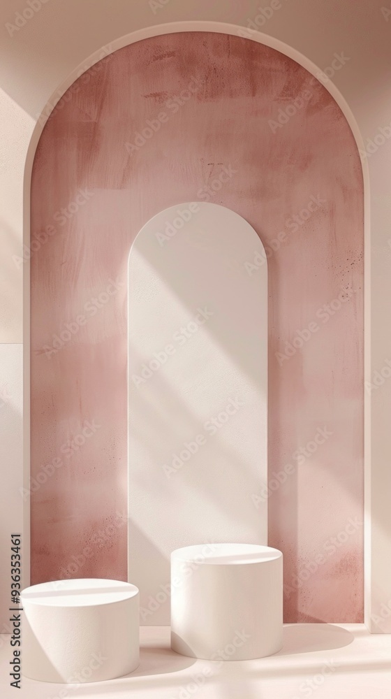 Aufkleber two smooth, cylindrical pedestals stand prominently in front of a soft pink arch, creating a serene 