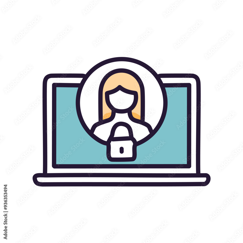 Poster secured user account on laptop. a cartoon laptop displaying a user icon and a padlock, representing 