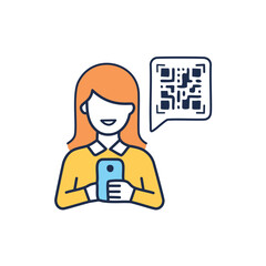 Woman scanning qr code on smartphone. Illustration of a smiling woman using her smartphone to scan a QR code. The code is displayed in a speech bubble.