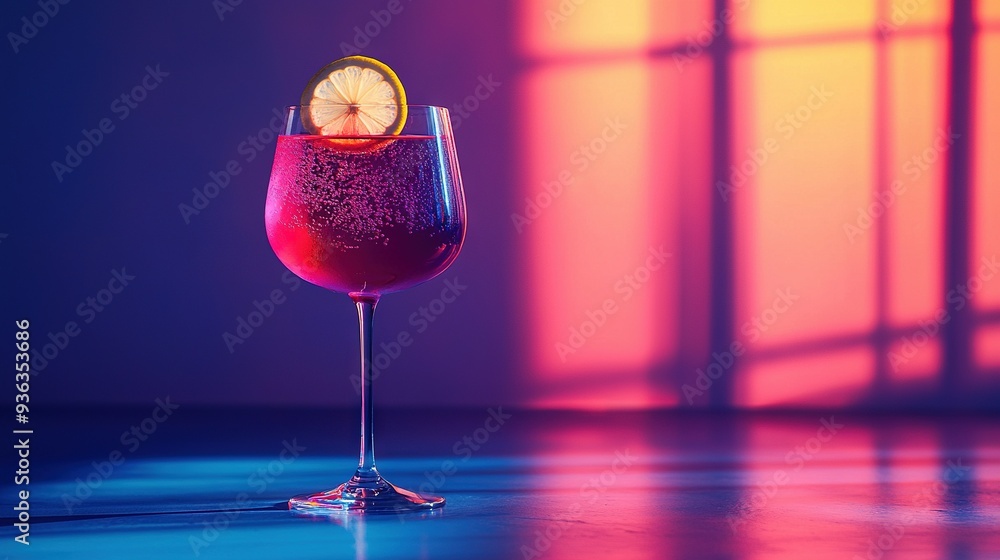 Poster a close-up of a wine glass with a lemon slice on the rim and a window in the background