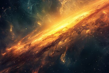 Golden celestial nebula with glowing stardust and vibrant cosmic swirls