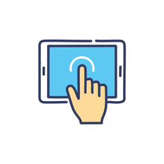Hand touching phone screen icon. Hand tapping phone screen, digital touch, smartphone interaction, online touch, hand gesture, finger touch.
