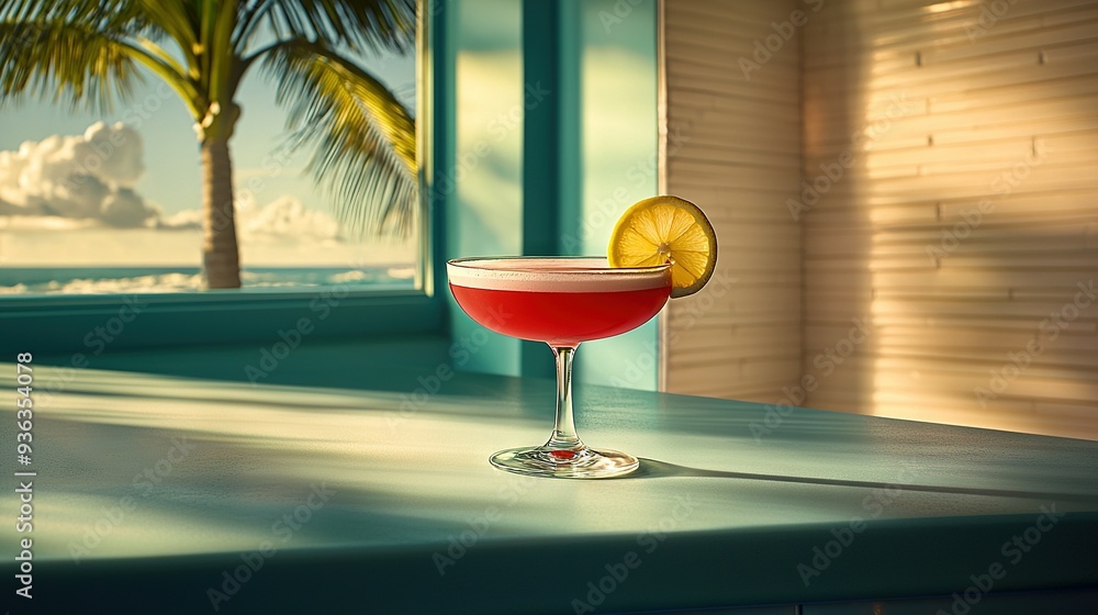 Poster   A zoomed-in image of a wine glass holding liquid, surrounded by a table and an ocean landscape with palm trees in the background