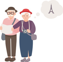 Pair of smiling elderly male and female tourists with map. Happy old couple traveling world. Grandparents on vacation in France. Cartoon characters isolated on white background. Vector illustration.