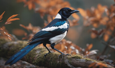 Obraz premium A black-billed magpie perches on a branch in a forest