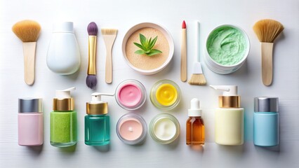 Naklejka premium Assortment of colorful skincare icons including cream jars, moisturizing masks, and facial cleansing brushes on a minimalist white background, representing beauty and wellness routine.