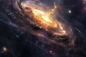 Glowing spiral galaxy with bright center and stars in deep space