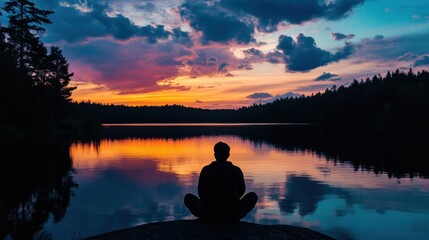 Silhouetted overlooking peaceful lake at colorful sunrise or sunset with reflective calm waters