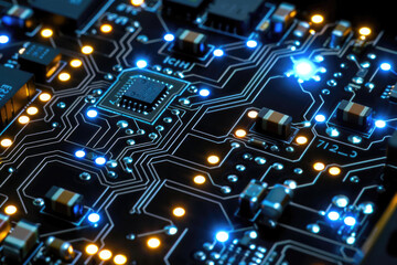 Obraz premium A close up of a circuit board with many small lights on it