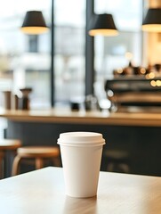 A blank white paper coffee cup mockup set against a cafe background.