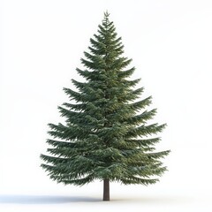 A tall, green pine tree stands alone on a white background