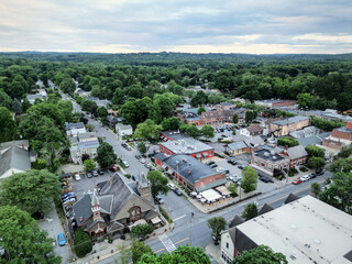 aerial view of rhinebeck new york (hudson valley small town next to catskill mountains) trees main...