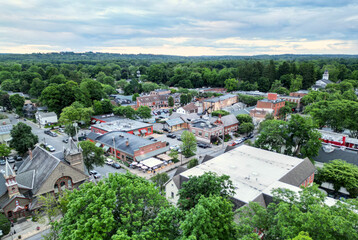 aerial view of rhinebeck new york (hudson valley small town next to catskill mountains) trees main...