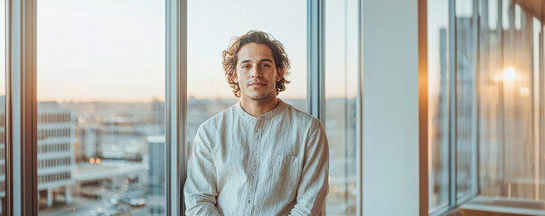 Professional man in white shirt standing indoors by large windows with city view