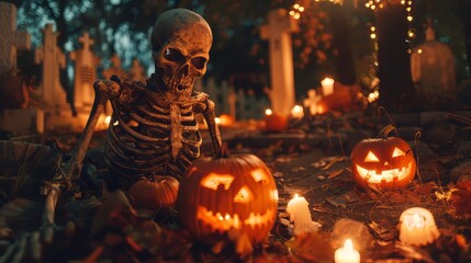 Obraz premium Skeleton in a graveyard cemetery, spooky halloween concept, pumpkins and candles.