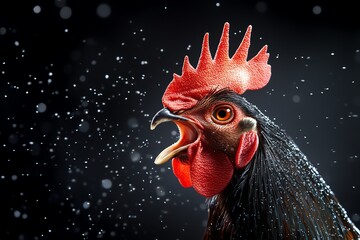 Close-up portrait of a rooster crowing with water droplets in the air.  The rooster's head and comb are bright red, and its eyes are wide open. The background is dark.