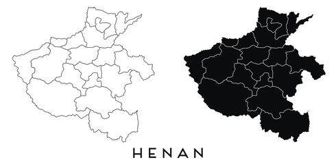 Henan map of regions districts vector black on white and outline