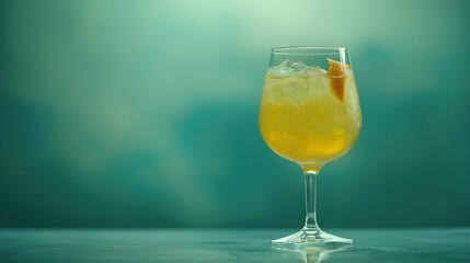   A blue background showcases a close-up of a chilled drink in a glass with cubes of ice and a vibrant orange garnish