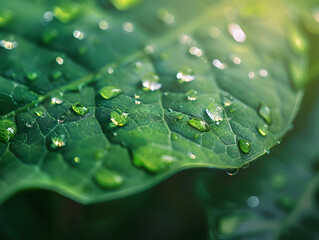 Large drops of water on a plant leaf, macro photography. Neural network AI generated art