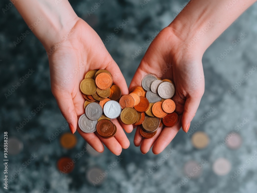 Poster hands receiving varying amounts of coins from a central source, symbolizing unequal income distribut