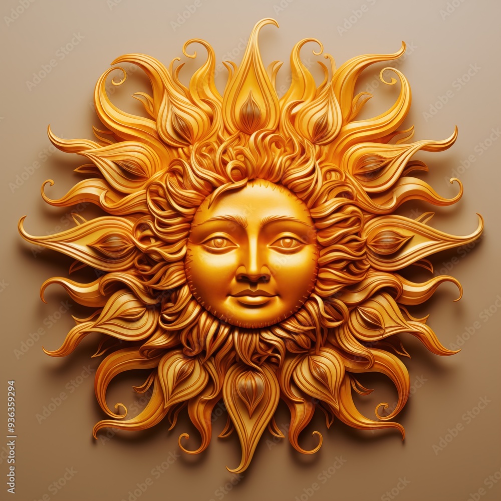 Poster a decorative bohemian sun sculpture with intricate swirling rays and a serene face, crafted in a gol