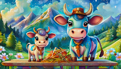 Fototapeta premium OIL PAINTING STYLE Cartoon character Milk with hay on wooden table and cute cow grazing in meadow