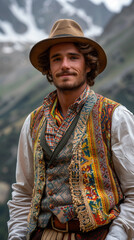 Portrait of Handsome Andora Man in Traditional Costume against Urban Mountain Background, Highlighting Cultural Heritage and Modern Contrast