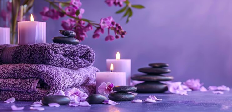 horizontal banner, spa treatment set, beauty, cosmetology and body care concept, purple background, copy space, free space for text