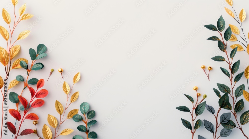 Poster a stylish composition featuring a minimalist design with a border of shimmering gold foliage, provid