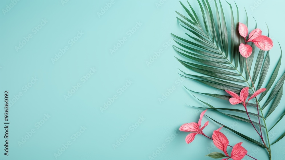 Poster a simple and modern design with a blue background and a tasteful foliage border, creating a minimali