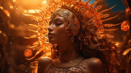 A woman with elaborate golden bohemian jewelry and a radiant headdress, surrounded by warm golden...