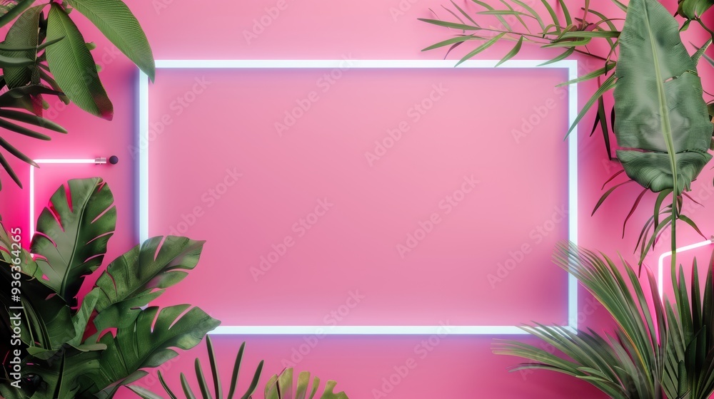 Poster an artistic border made of neon lights and foliage, adding a dynamic and energetic element to any de
