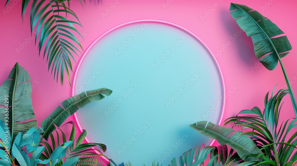 Poster a border design featuring neon lights and foliage, combining nature and technology for a unique and 