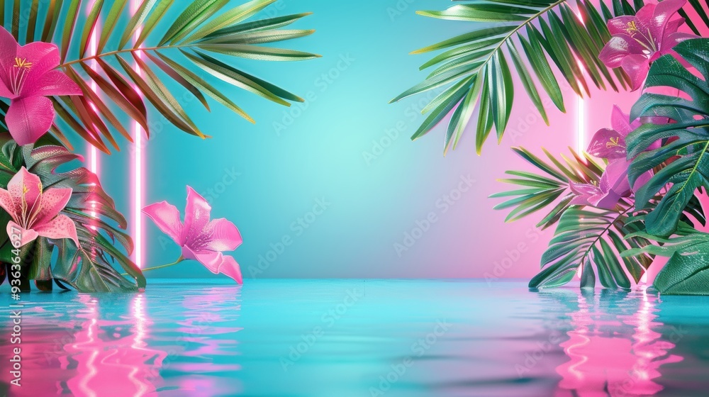 Poster a border design featuring neon lights and foliage, adding a surreal and dreamy quality to your desig