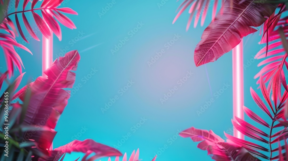 Poster an artistic border made of neon lights and foliage, adding a vibrant and modern touch to any design.