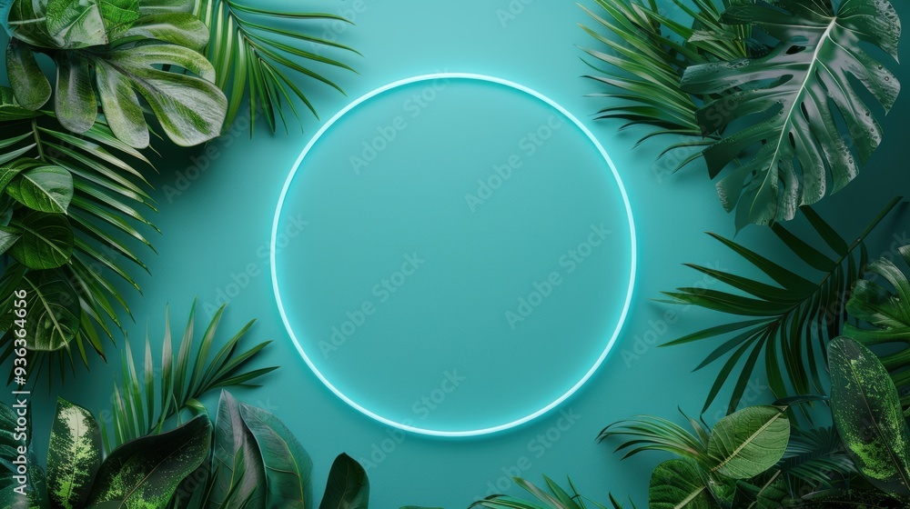 Poster a neon border intertwined with lush foliage, creating a dynamic and captivating frame. the minimalis