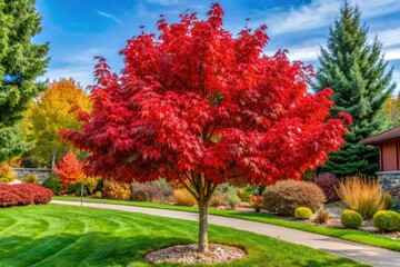 Naklejka premium Autumn Leaf Maple Acer ginnala, Beautiful red fall color Small tree ideal for residential landscapes Deciduous tree with unique lobed leaves