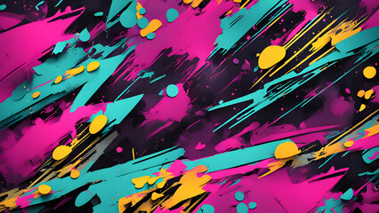 Grunge background with  a chaotic graffiti covered surface blending muted neon colour 