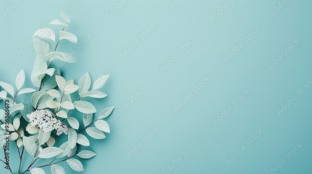 Poster a soft blue background with a minimalist foliage border, creating a serene and uncluttered design wi