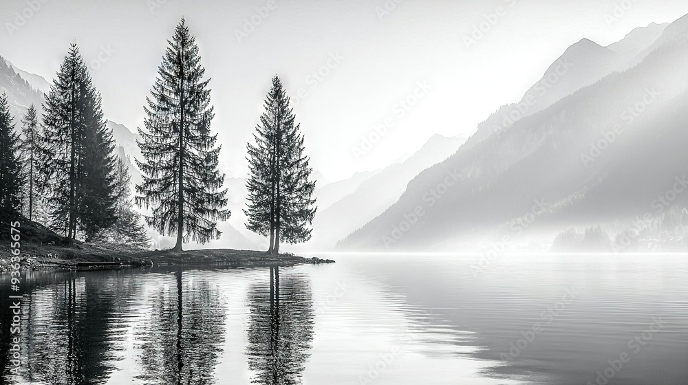 Poster b&w image of a lake with trees in fg & mtns in bg