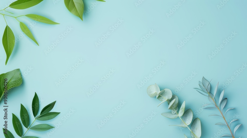Poster a modern blue background accented by a subtle foliage border, offering a clean and minimalistic layo
