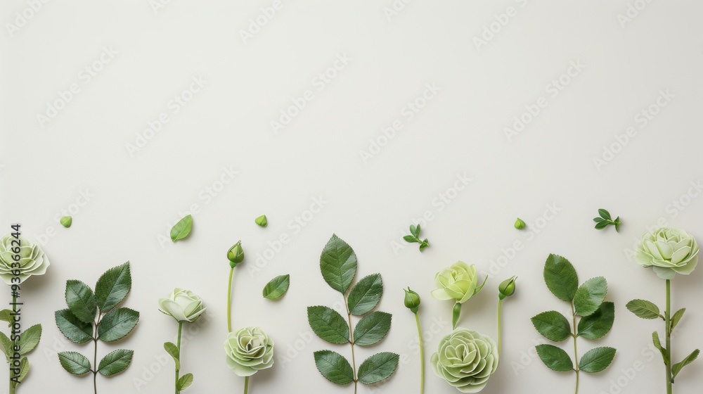 Poster a minimalist composition featuring a border of green roses, arranged to create a stylish frame. the 