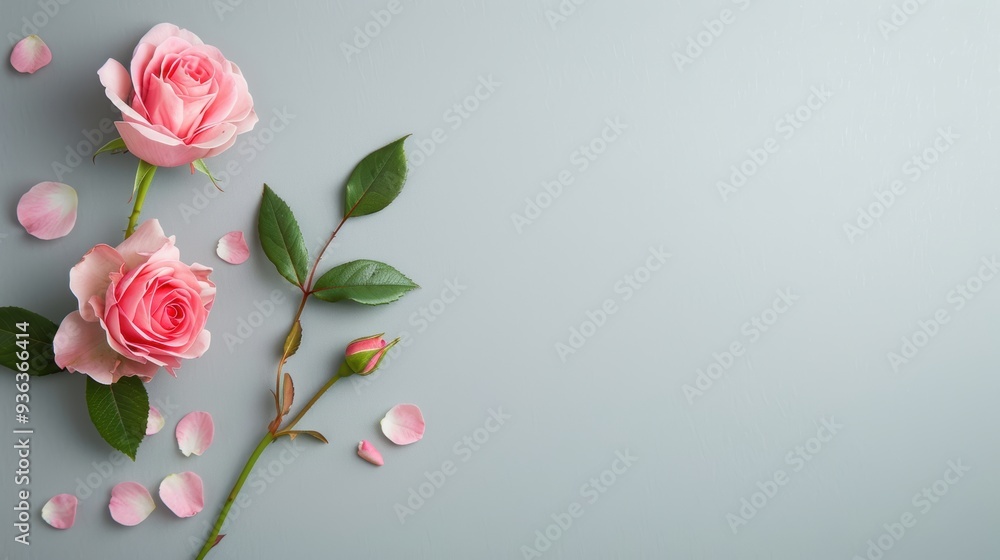 Poster a minimalist gray background with a delicate rose border, offering ample copy space for adding text 