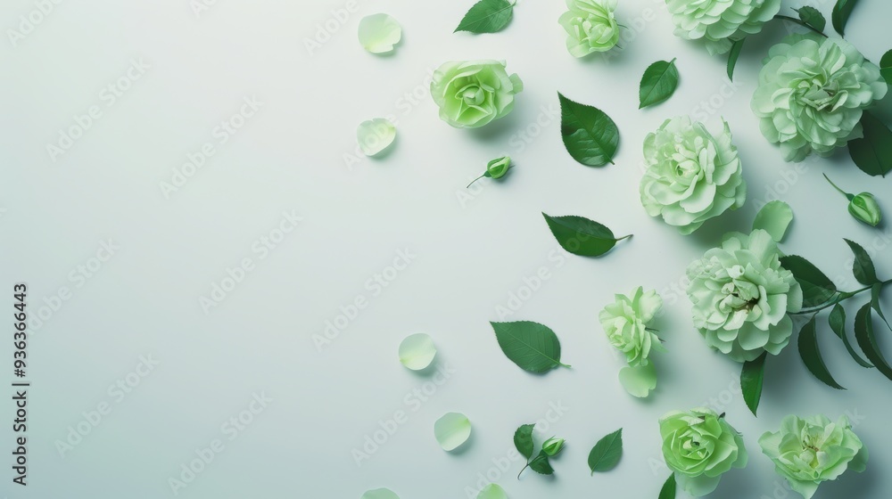 Poster a border of delicate green roses, arranged in a minimalist fashion to create a simple yet elegant fr