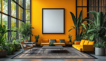 Modern Living Room Interior Design with Yellow Wall and Large Window