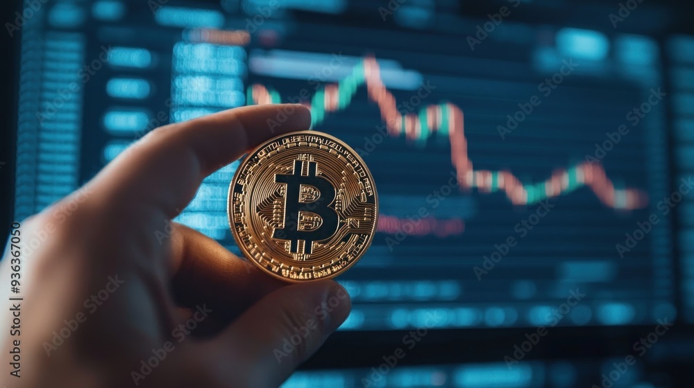 Poster a hand holding a bitcoin coin in front of a computer screen displaying a blockchain network. the bac