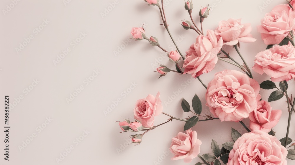 Poster an elegant border of pink roses, arranged in a minimalist style with clean lines and ample white spa